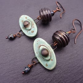 lampwork glass and ceramic earrings, green copper jewellery