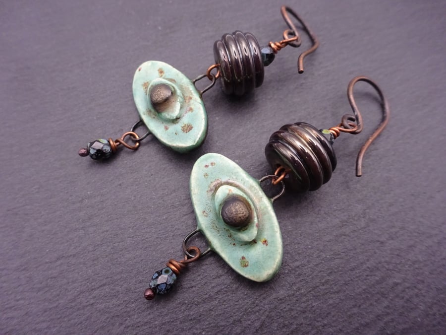 lampwork glass and ceramic earrings, green copper jewellery