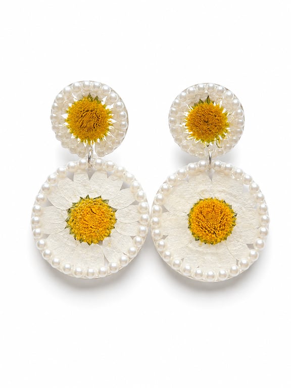 Real Daisy Earrings with Pearls - Handmade Botanical Statement Jewellery