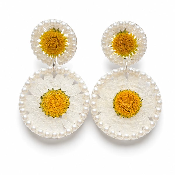 Real Daisy Earrings with Pearls - Handmade Botanical Statement Jewellery
