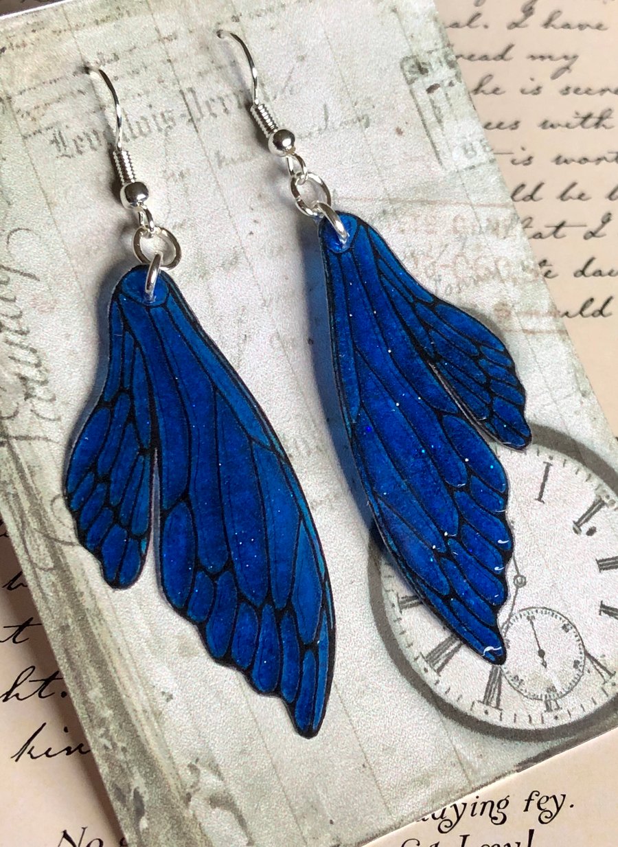 Midnight Blue Double Fairy Wing Earrings Sterling Silver