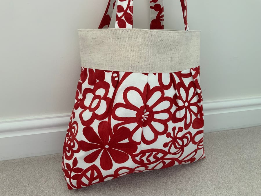 Beautiful Pleated Tote Bag, Patterned Fabric, Linen, Hand Bag, Free Zipped Purse