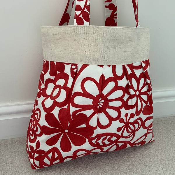 Beautiful Pleated Tote Bag, Patterned Fabric, Linen, Hand Bag, Free Zipped Purse