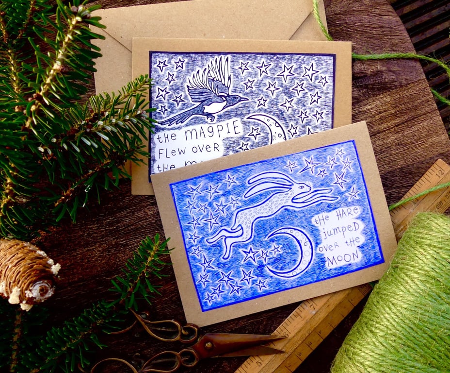 Magpie and Hare Cards - Set of 2 - READY TO SHIP