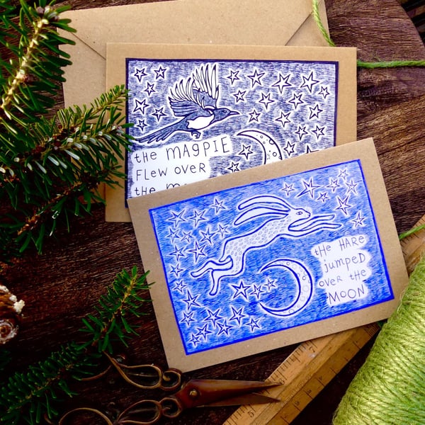 Magpie and Hare Cards - Set of 2 - READY TO SHIP