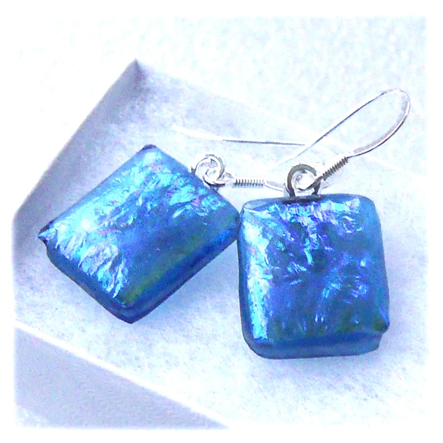 RESERVED Handmade Fused Dichroic Glass Earrings 261 Blue Teal Squares