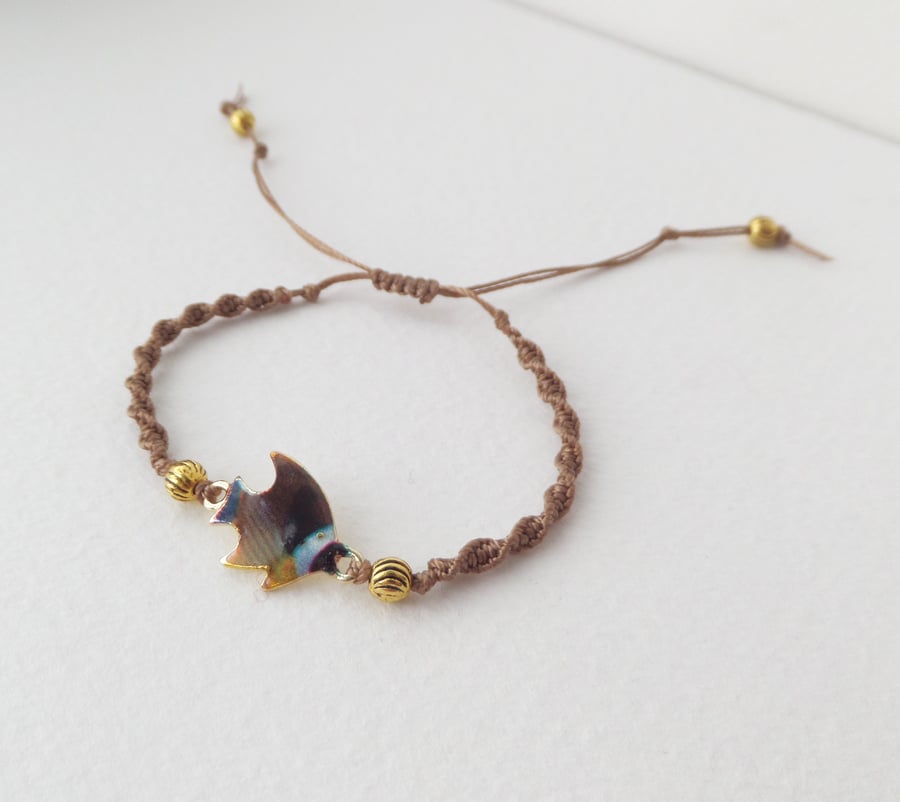  Tropical Fish Bracelet, soft Brown Beaded Micro Macramé Adjustable