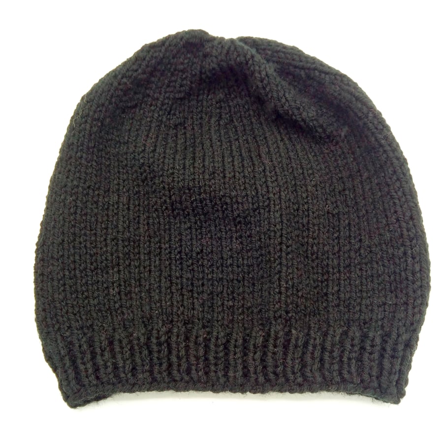 Child's Hand Knitted Aran Weight Black Beanie Hat, Child's Winter Hat