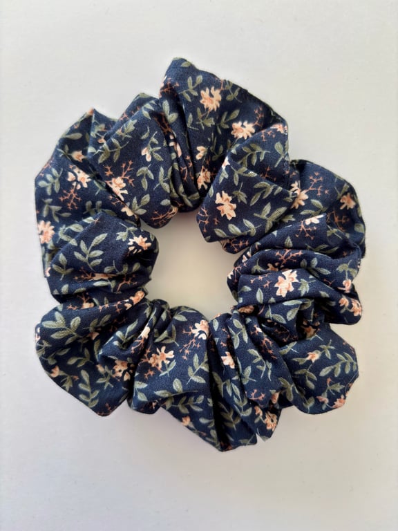 Cotton scrunchie hair accessory in navy with delicate floral print