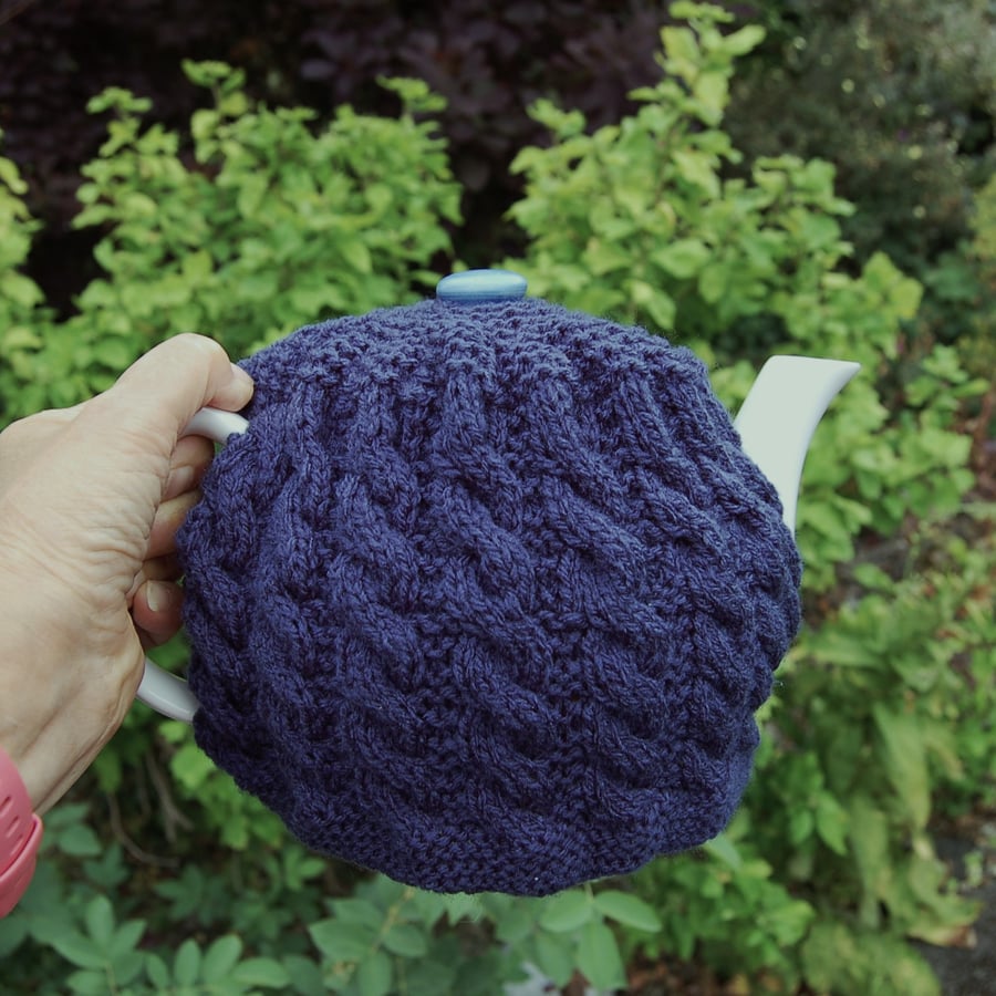 Large tea cosy cable design in air force blue colour  Robin acrylic yarn