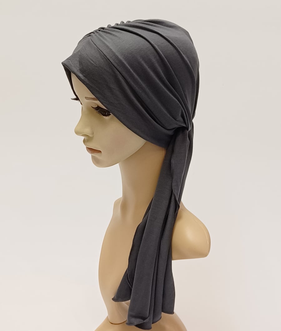 Chemo head wear for women, dark grey turban hat, alopecia hair loss head scarf