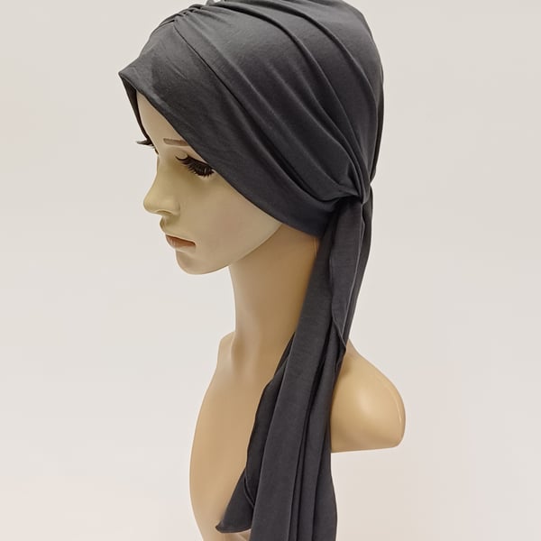 Chemo head wear for women, dark grey turban hat, alopecia hair loss head scarf