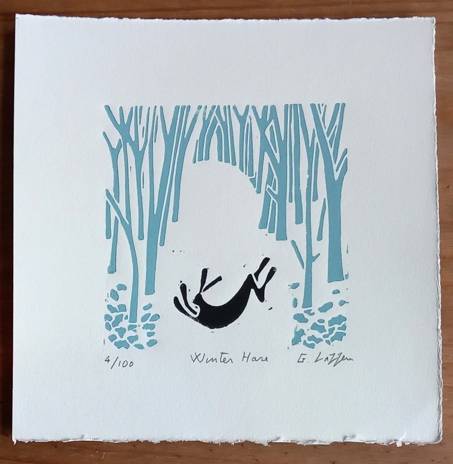 Winter Hare, Limited Edition Linocut, Original Print by Giuliana Lazzerini
