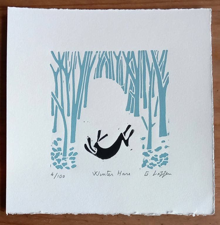 Winter Hare, Limited Edition Linocut, Original Print by Giuliana Lazzerini