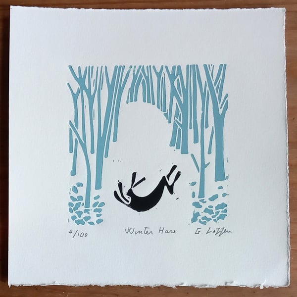 Winter Hare, Limited Edition Linocut, Original Print by Giuliana Lazzerini