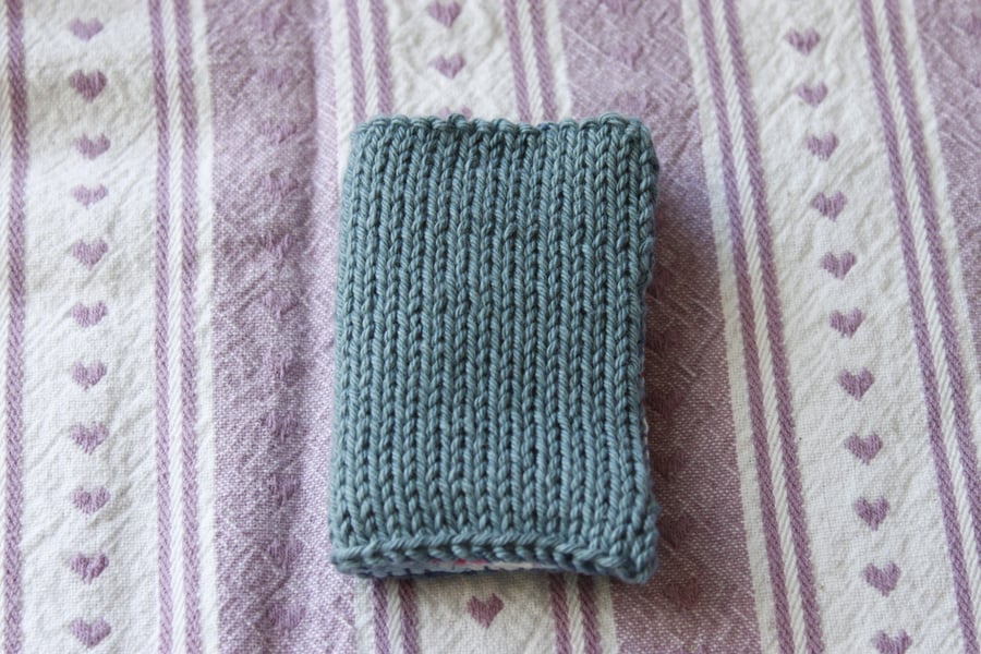 Hand knitted needle case and contents - blue