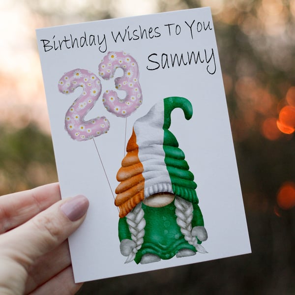 Ireland Gnome Age Birthday Card, Card for 23rd Birthday, Irish Flag Gnome