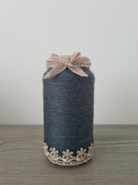 Handmade Dark Grey Yarn Wrapped Jar With Rustic Jute Bow & Floral Lace Trim