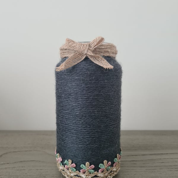 Handmade Dark Grey Yarn Wrapped Jar With Rustic Jute Bow & Floral Lace Trim