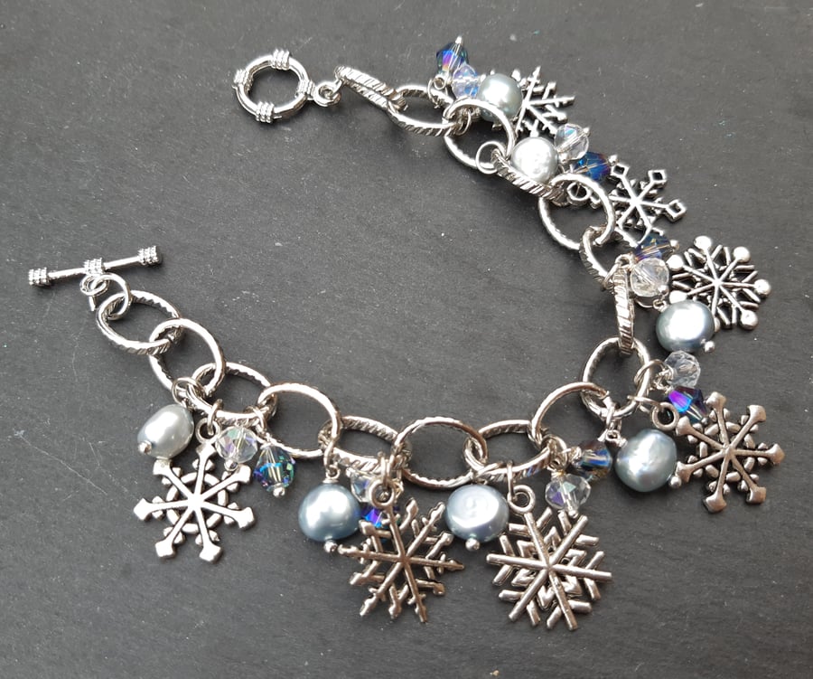 Freshwater Pearl and Crystal Snowflake Charm Bracelet Tibetan Silver