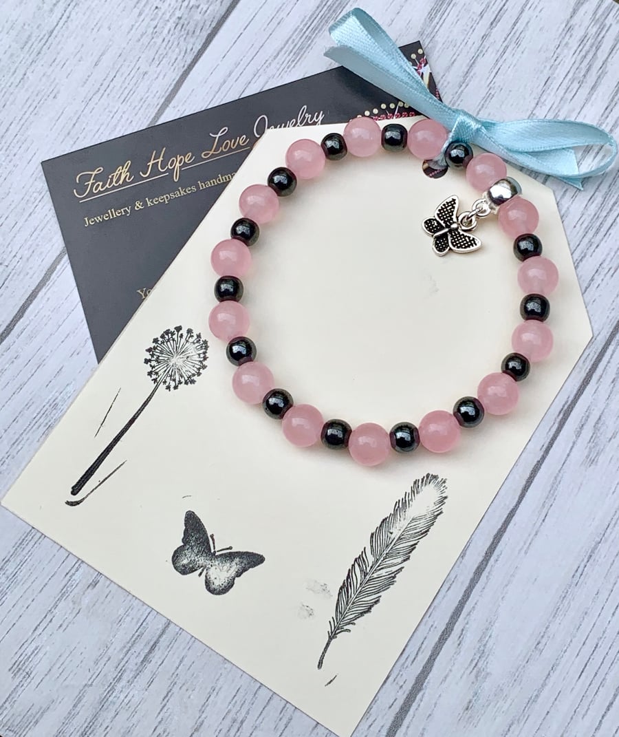 Anxiety Relief Rose Quartz Butterfly Gemstone Bracelet Holistic 