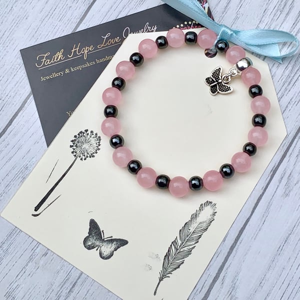 Anxiety Relief Rose Quartz Butterfly Gemstone Bracelet Holistic 
