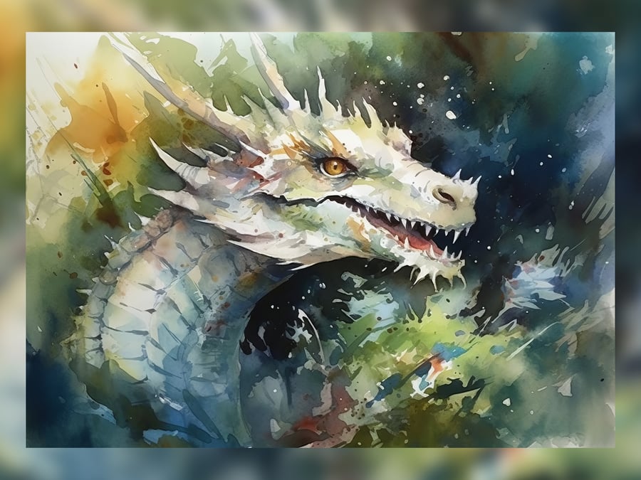 Mystical Dragon Watercolor Art Print 5x7 - Fantasy Creature Wall Art