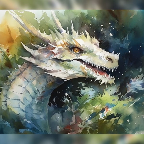 Mystical Dragon Watercolor Art Print 5x7 - Fantasy Creature Wall Art