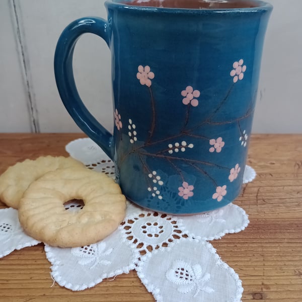 Teal mug with pink Cherry blossom design 