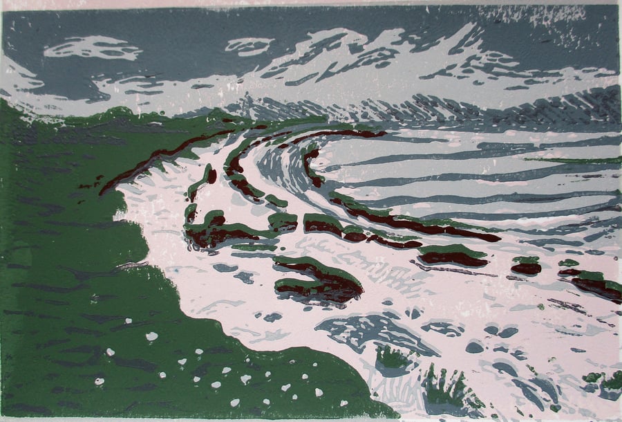 Claigan Coral Beach, Skye - Original Hand Pressed Linocut Print Ltd Edition