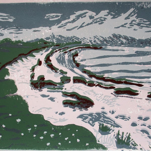 Claigan Coral Beach, Skye - Original Hand Pressed Linocut Print Ltd Edition