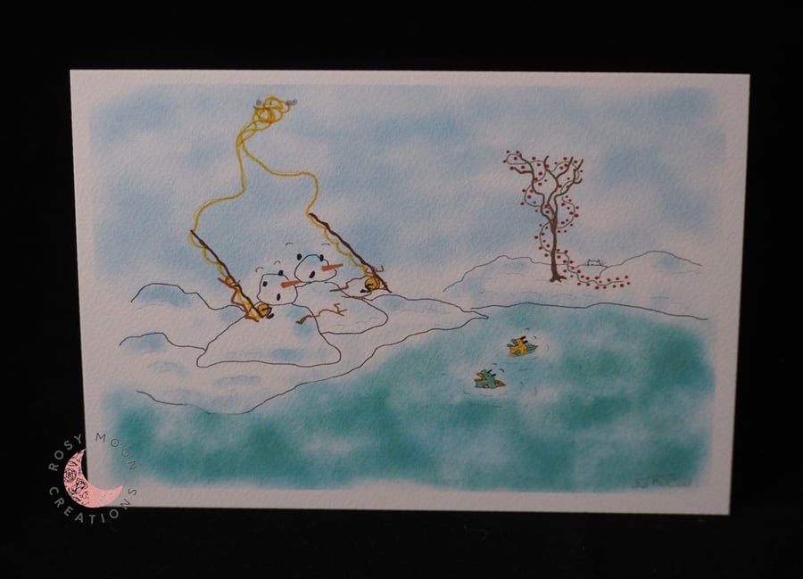 Two Naughty Snowmen go Fishing (Spot the White Cat) Blank Card