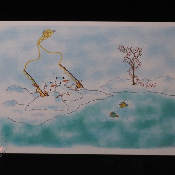 Two Naughty Snowmen go Fishing (Spot the White Cat) Blank Card