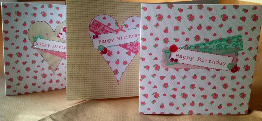 Birthday Cards 3pack,'Stitched Thoughts',Digital Designs, Printed, Hand Finished