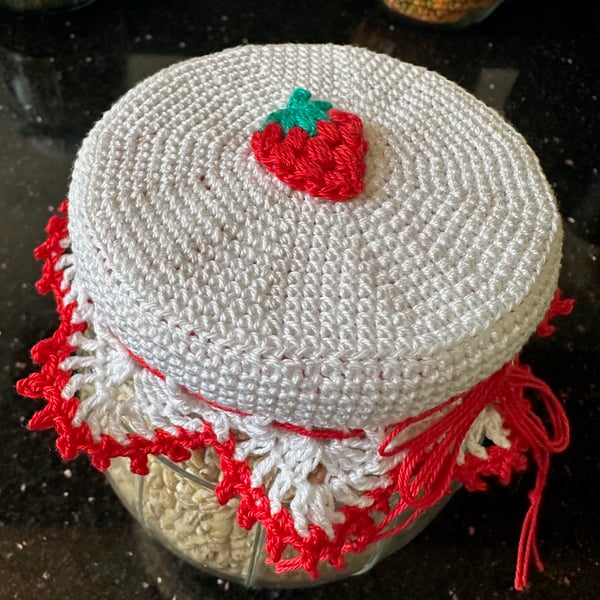 Crochet Strawberry Jam Jar Lid Cover