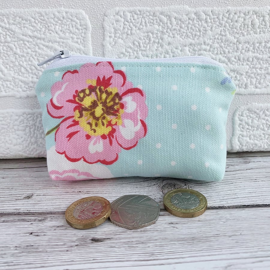 Small Purse, Coin Purse with Shabby Chic Floral and Polka Dot Pattern