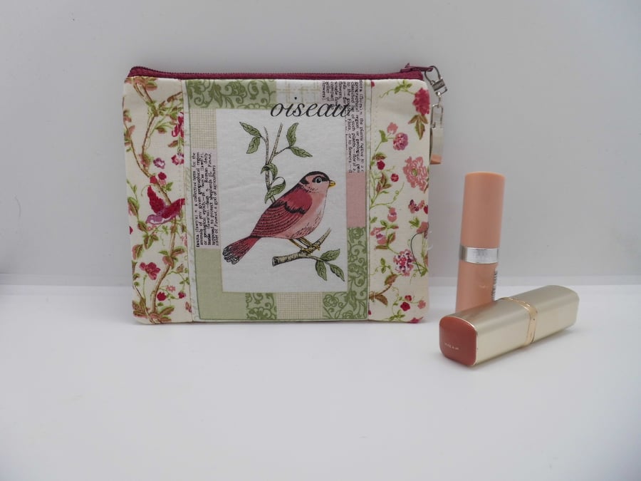Make up purse with bird in pink Laura Ashley fabric
