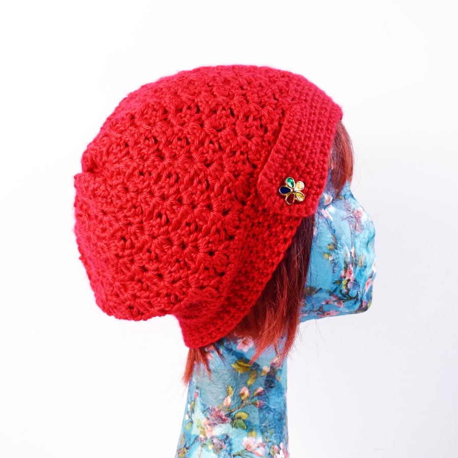 Womens  Red Winter Hat Crocheted in Non Wool Yarn