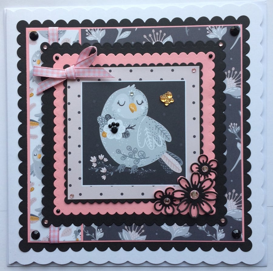 Pretty Vintage Bird Card On Branch of Pink Flowers 3D Luxury Handmade Card