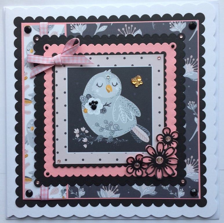 Pretty Vintage Bird Card On Branch of Pink Flowers 3D Luxury Handmade Card