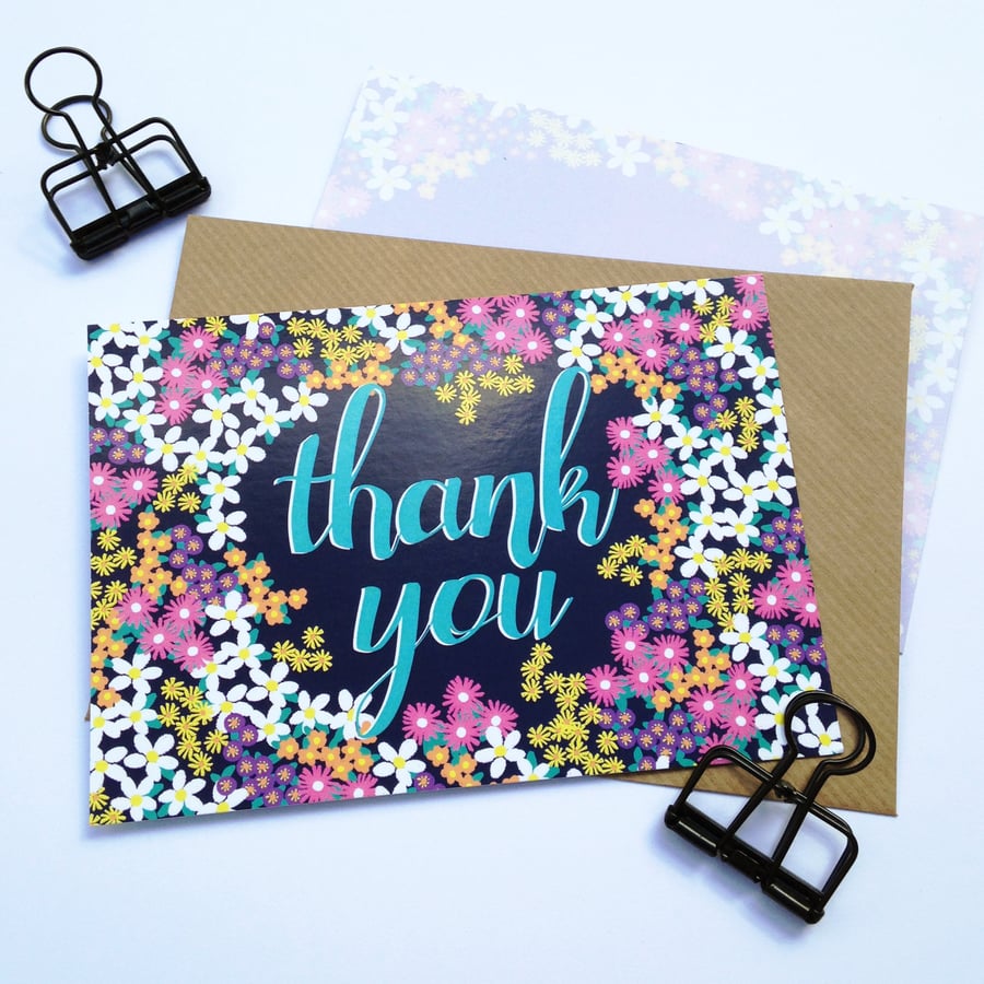 Pack of 10 Thank You Postcards with Brown Kraft Envelopes - Ditsy Floral