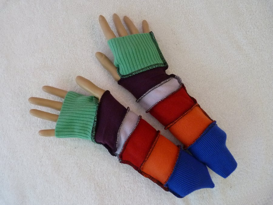 Finger-less Gloves Arm-warmers created from Up-cycled Sweaters. Green.Blue.Red.