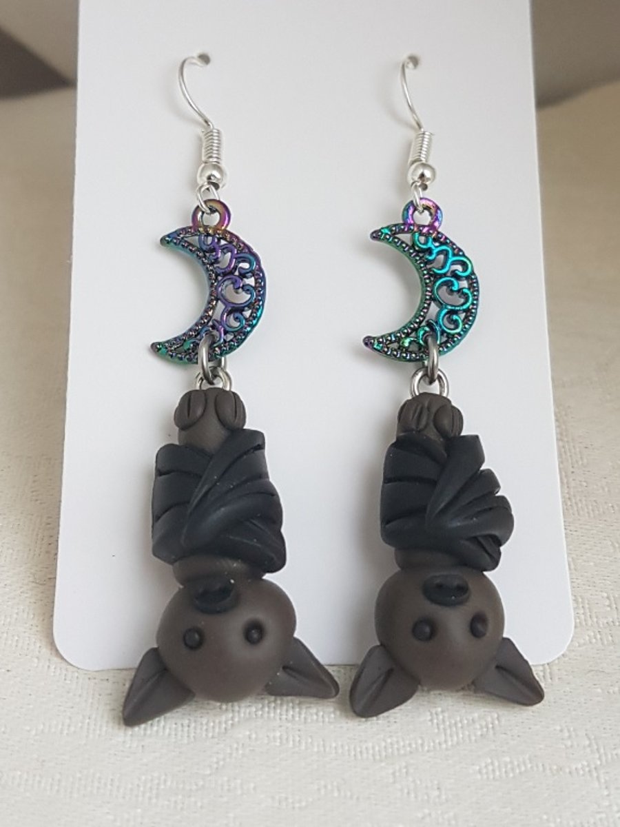 Creepy Cute Dangly Bat Earrings With Crescent Moon.