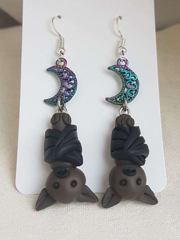 Creepy Cute Dangly Bat Earrings With Crescent Moon.