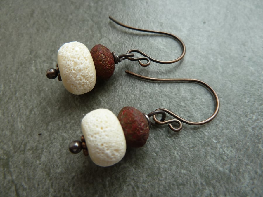 copper, ivory lampwork glass earrings