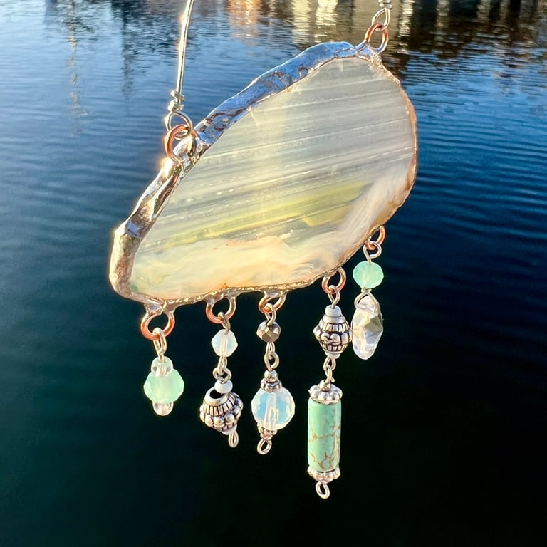 Agate Suncatcher Cloud with Vintage Glass Bead Droplets: Silver and Mint