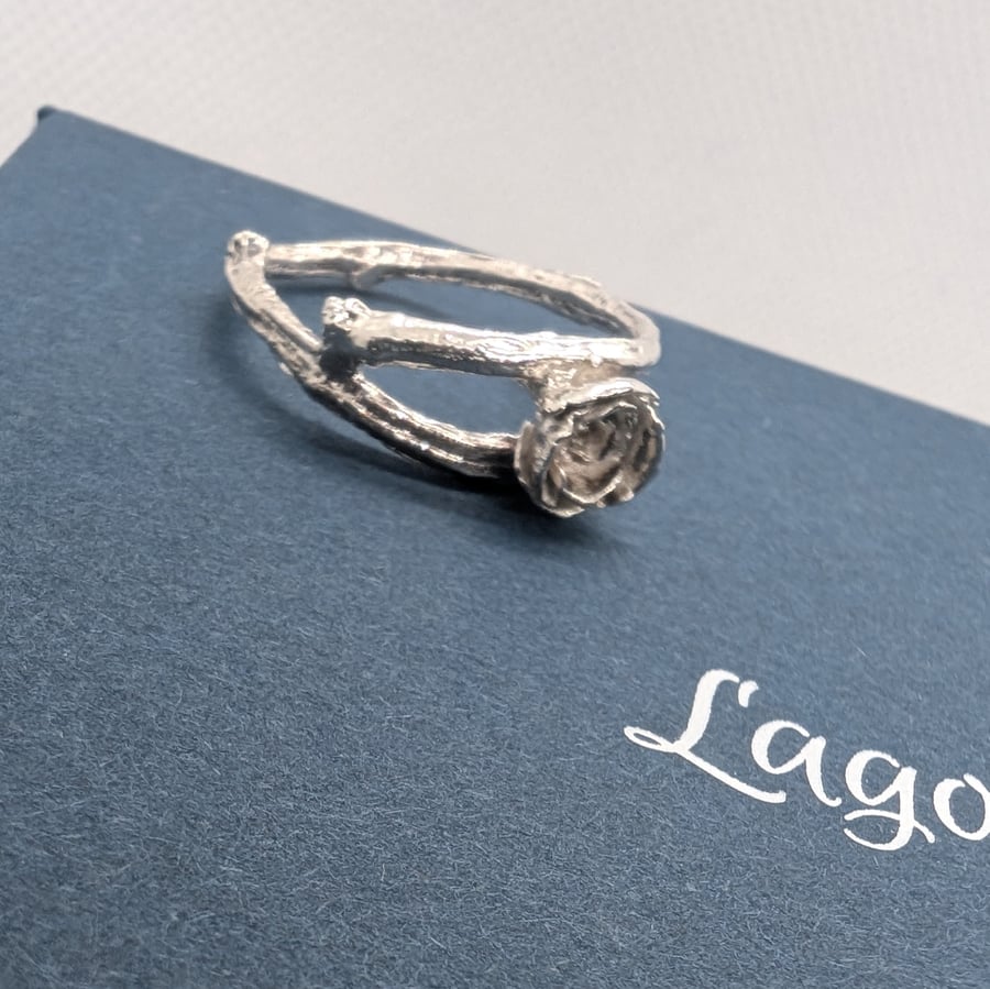Delicate ring with twig shape shank and tiny rose, sterling silver Size 0