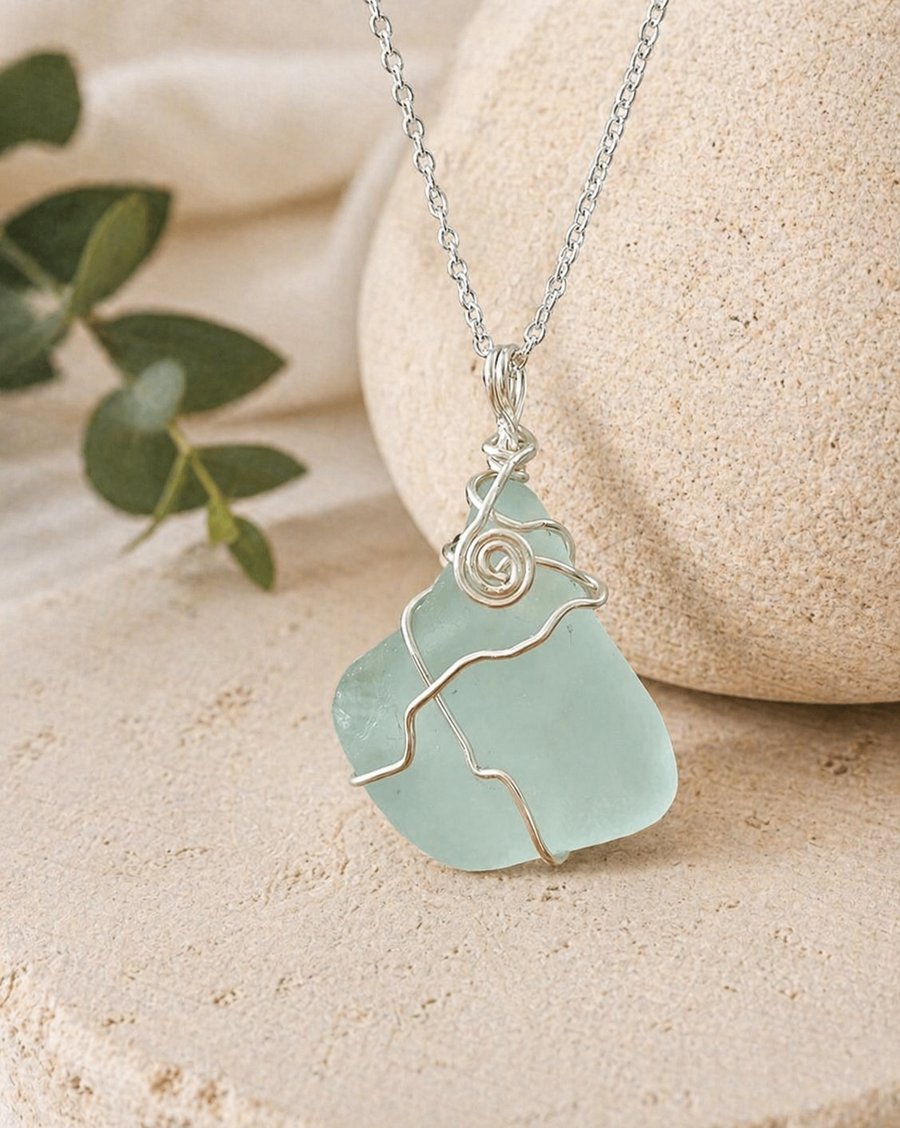 Seafoam Wire Wrapped Seaglass Pendant on Sterling Silver Chain.