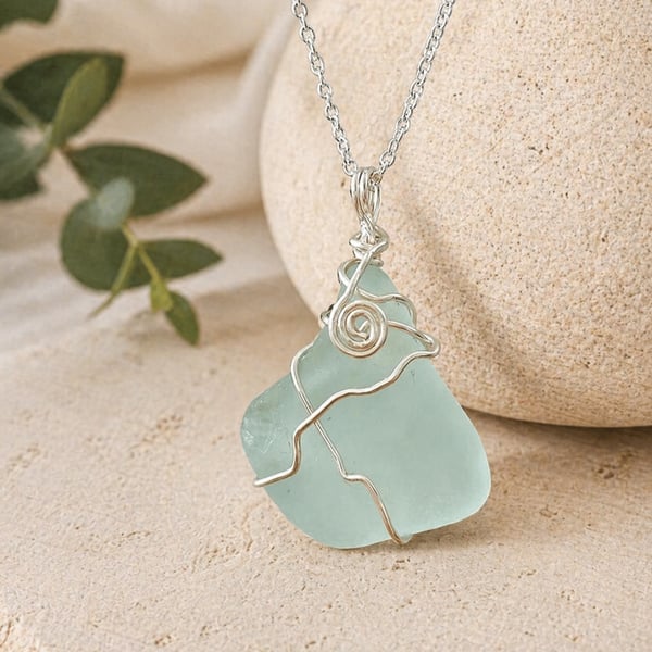 Seafoam Wire Wrapped Seaglass Pendant on Sterling Silver Chain.