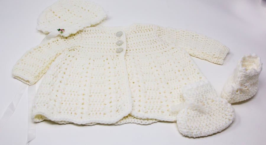 White Crocheted Baby Coat with Hat & Bootees